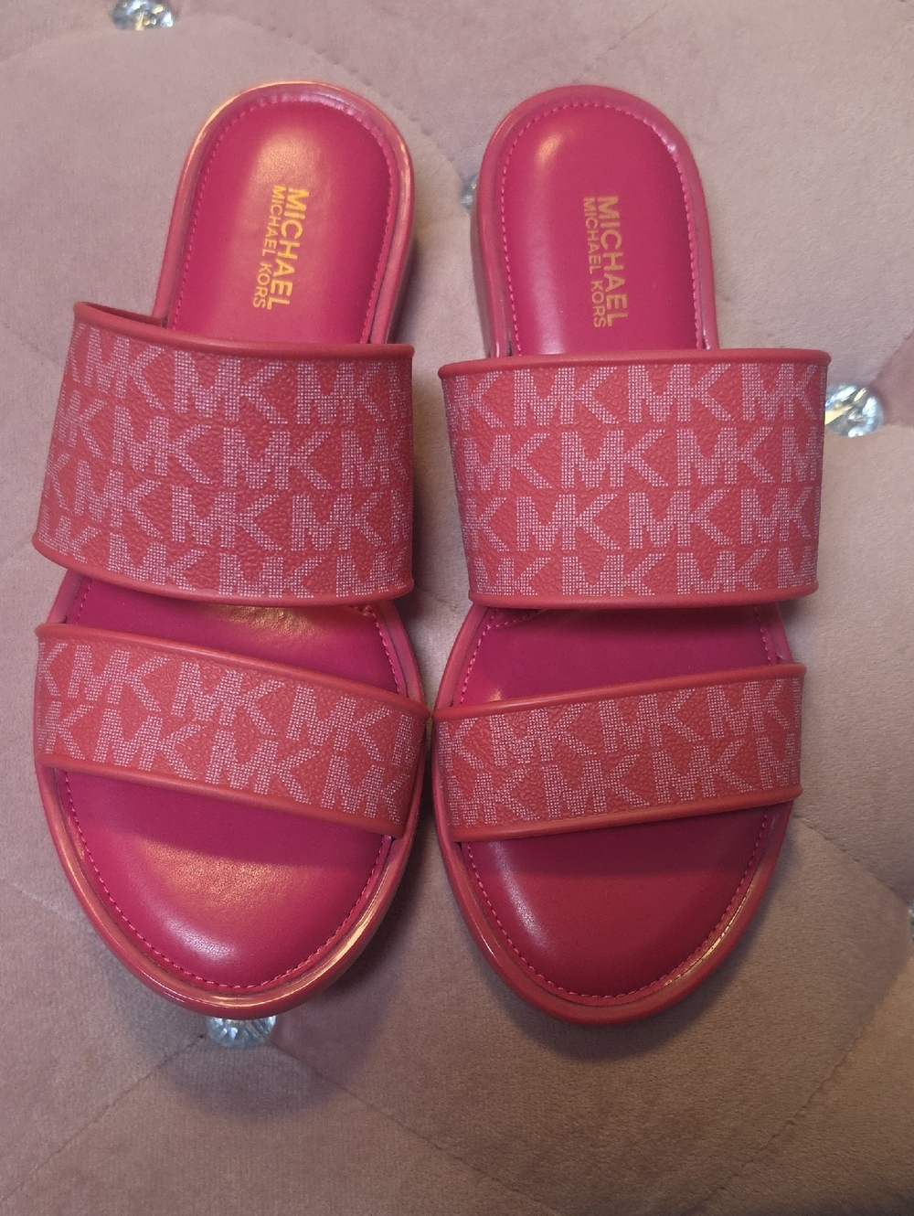 Michael Kors Pink Double Strap MK Logo Slide Sandals